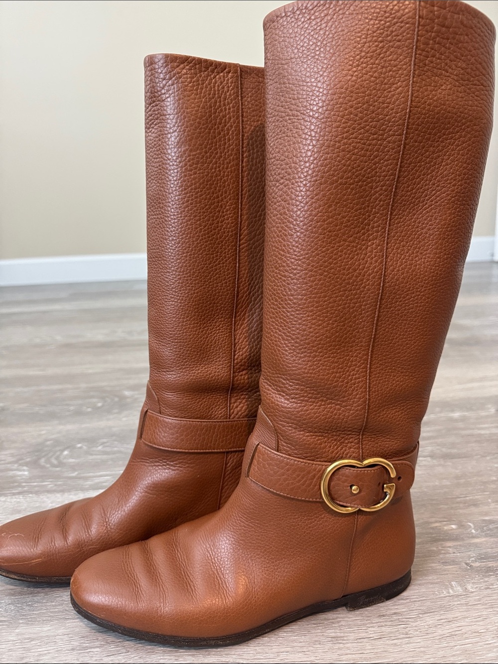 Gucci Chestnut Brown Tall Pebbled Leather Riding Boots with Gold Buckle